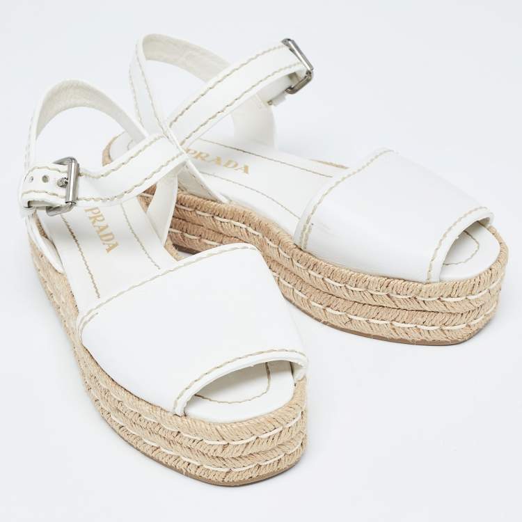 Pre Owned Prada White Leather Espadrille Platform Ankle Strap Sandals Size 38