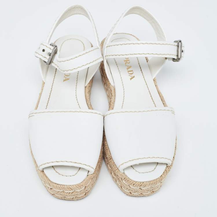 Pre Owned Prada White Leather Espadrille Platform Ankle Strap Sandals Size 38
