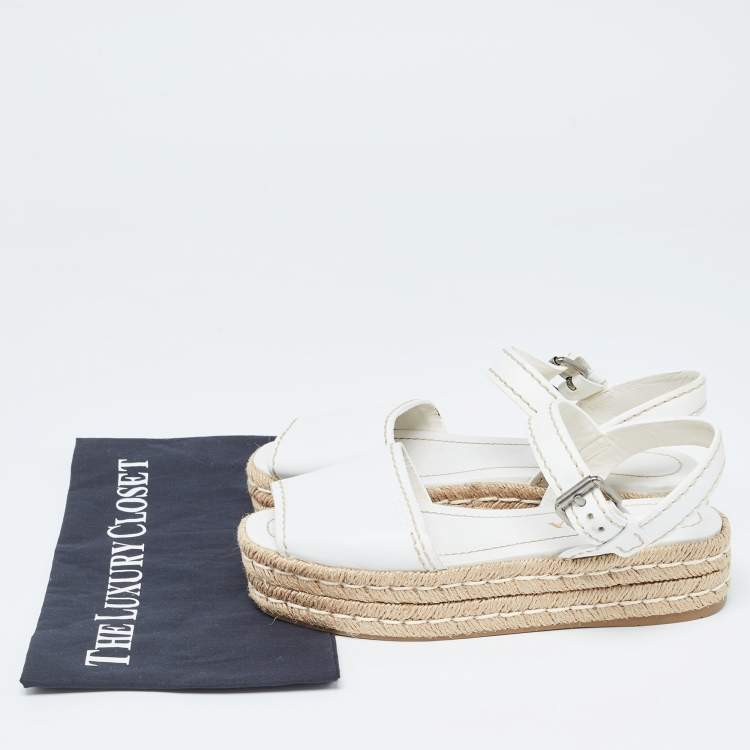 Pre Owned Prada White Leather Espadrille Platform Ankle Strap Sandals Size 38