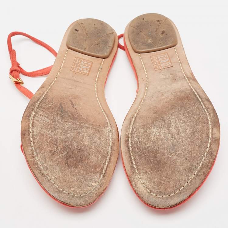 Pre Owned Prada Pink Suede Floral Applique Flat Sandals Size 37.5