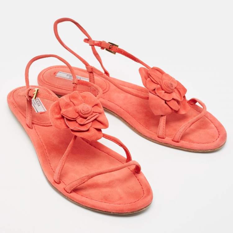 Pre Owned Prada Pink Suede Floral Applique Flat Sandals Size 37.5