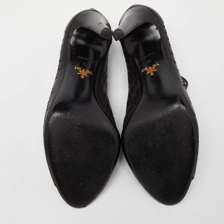 Pre Owned Prada Black Perforated Leather Peep Toe Ankle Booties Size 39