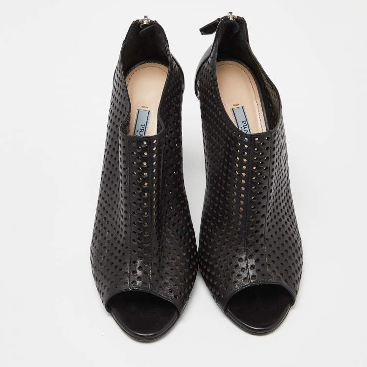 Pre Owned Prada Black Perforated Leather Peep Toe Ankle Booties Size 39