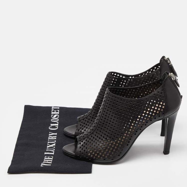 Pre Owned Prada Black Perforated Leather Peep Toe Ankle Booties Size 39