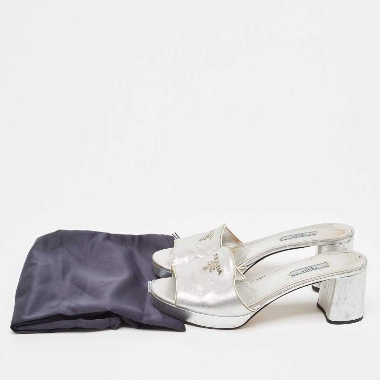 Pre Owned Prada Silver Leather Platform Slide Sandals Size 41 