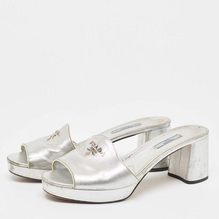 Pre Owned Prada Silver Leather Platform Slide Sandals Size 41 