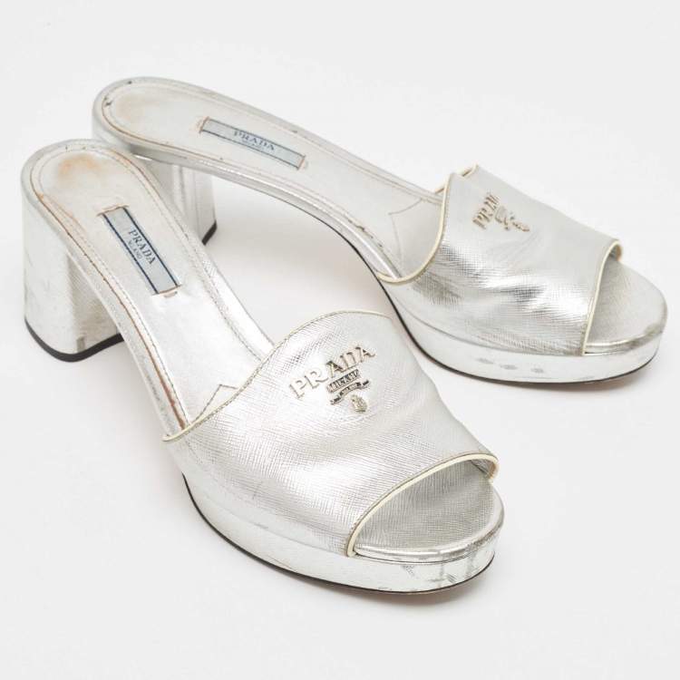Pre Owned Prada Silver Leather Platform Slide Sandals Size 41 