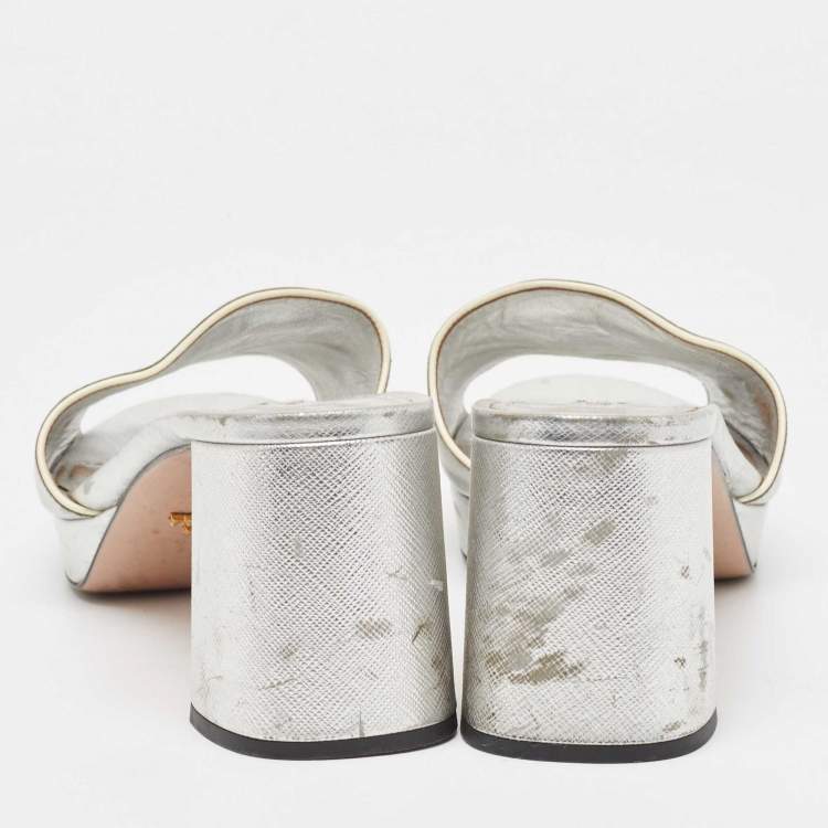 Pre Owned Prada Silver Leather Platform Slide Sandals Size 41 