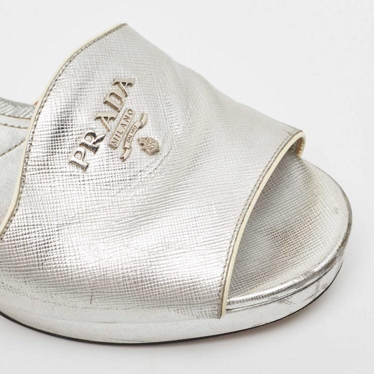 Pre Owned Prada Silver Leather Platform Slide Sandals Size 41 