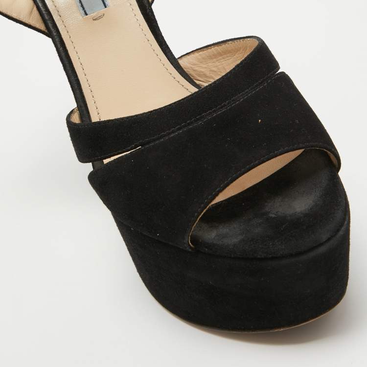 Pre Owned Prada Black Suede Platform Ankle Strap Sandals Size 39.5