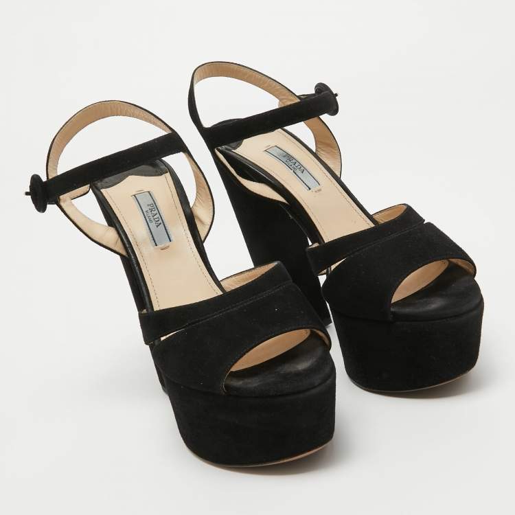Pre Owned Prada Black Suede Platform Ankle Strap Sandals Size 39.5