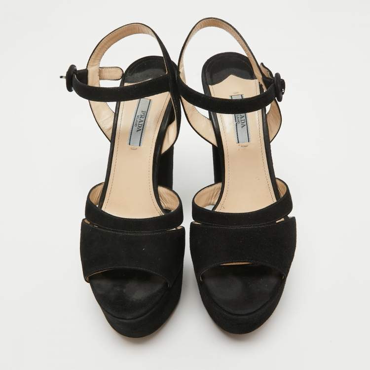 Pre Owned Prada Black Suede Platform Ankle Strap Sandals Size 39.5