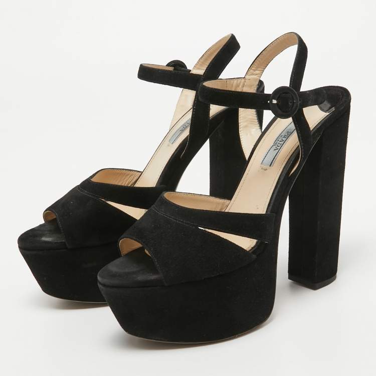 Pre Owned Prada Black Suede Platform Ankle Strap Sandals Size 39.5