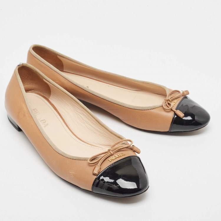 Pre Owned Prada Brown Leather Bow Ballet Flats Size 40