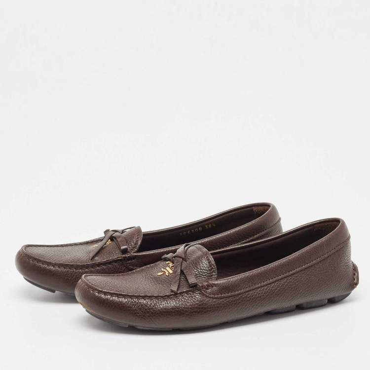 Pre Owned Prada Brown Leather Logo Detail Bow Loafers Size 38.5