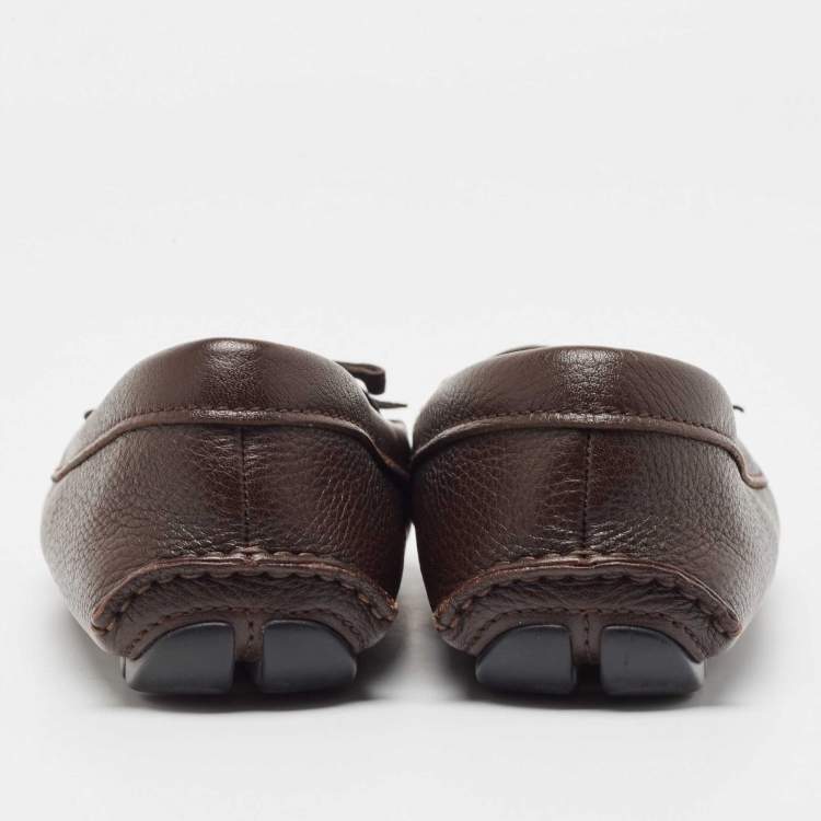 Pre Owned Prada Brown Leather Logo Detail Bow Loafers Size 38.5