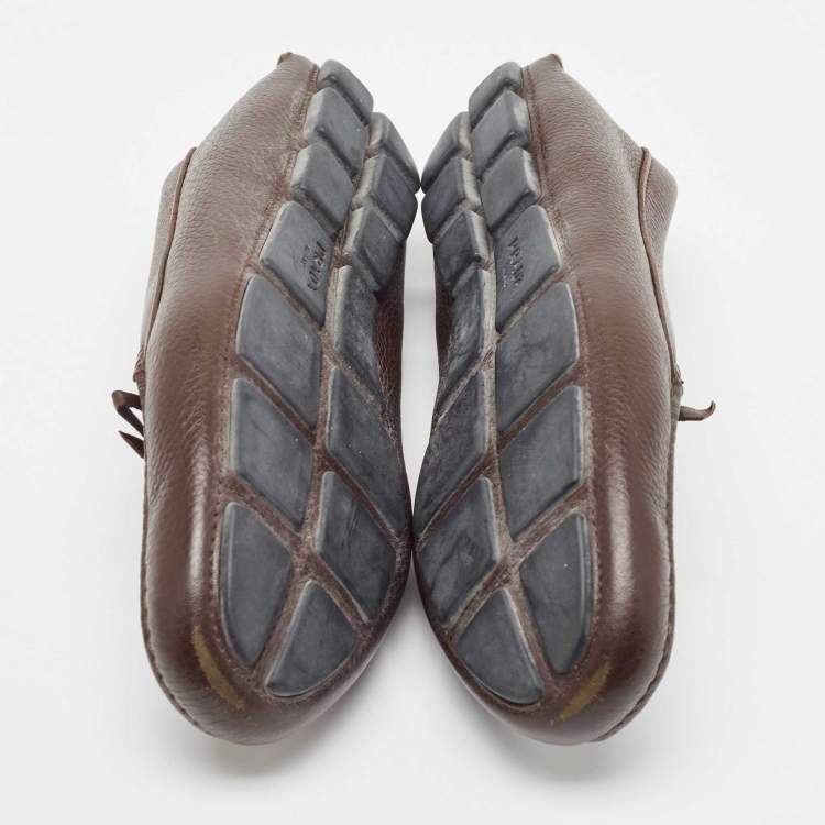 Pre Owned Prada Brown Leather Logo Detail Bow Loafers Size 38.5