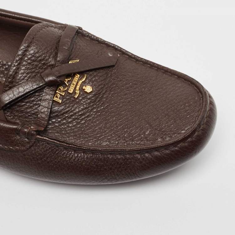 Pre Owned Prada Brown Leather Logo Detail Bow Loafers Size 38.5