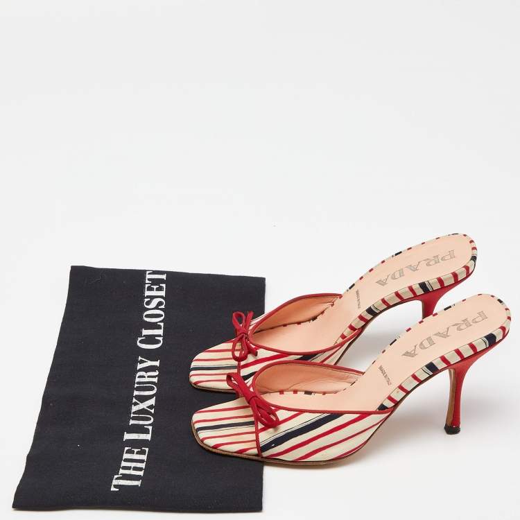 Pre Owned Prada Tri Color Stripe Fabric Bow Slide Sandals Size 35