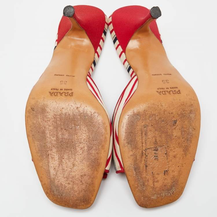 Pre Owned Prada Tri Color Stripe Fabric Bow Slide Sandals Size 35