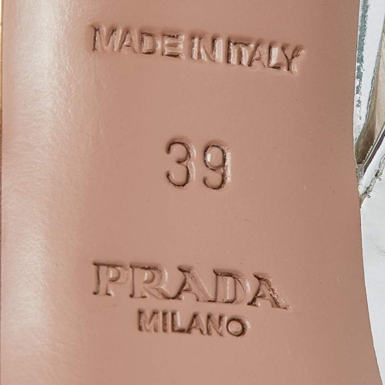 Pre Owned Prada Silver Laminated Leather Peep Toe Slingback Sandals Size 39