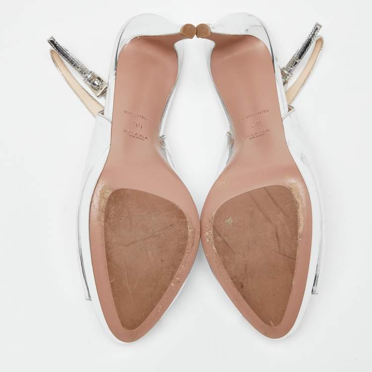Pre Owned Prada Silver Laminated Leather Peep Toe Slingback Sandals Size 39