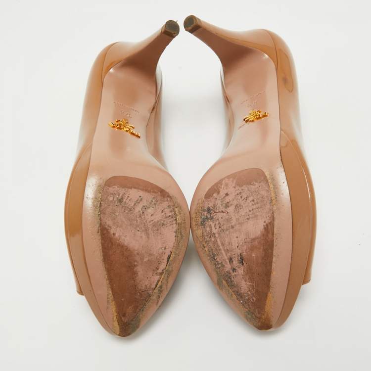 Pre Owned Prada Brown Patent Leather Peep Toe Platform Pumps Size 37.5