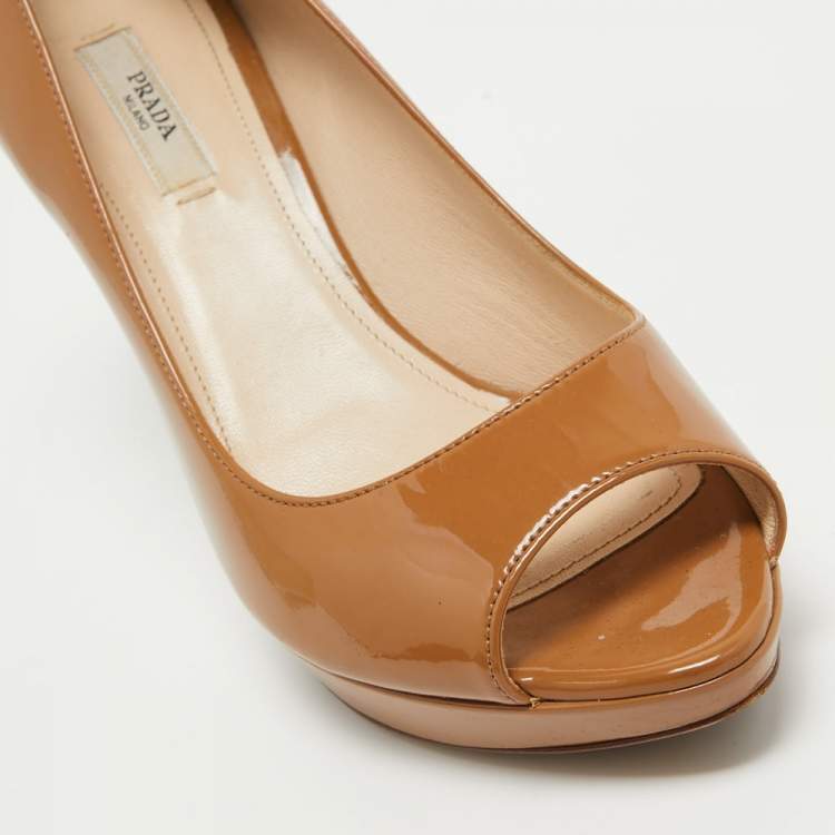 Pre Owned Prada Brown Patent Leather Peep Toe Platform Pumps Size 37.5