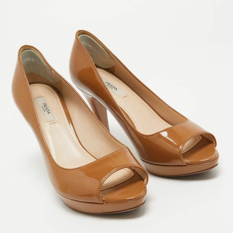 Pre Owned Prada Brown Patent Leather Peep Toe Platform Pumps Size 37.5