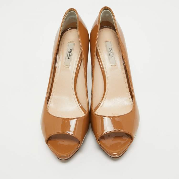 Pre Owned Prada Brown Patent Leather Peep Toe Platform Pumps Size 37.5