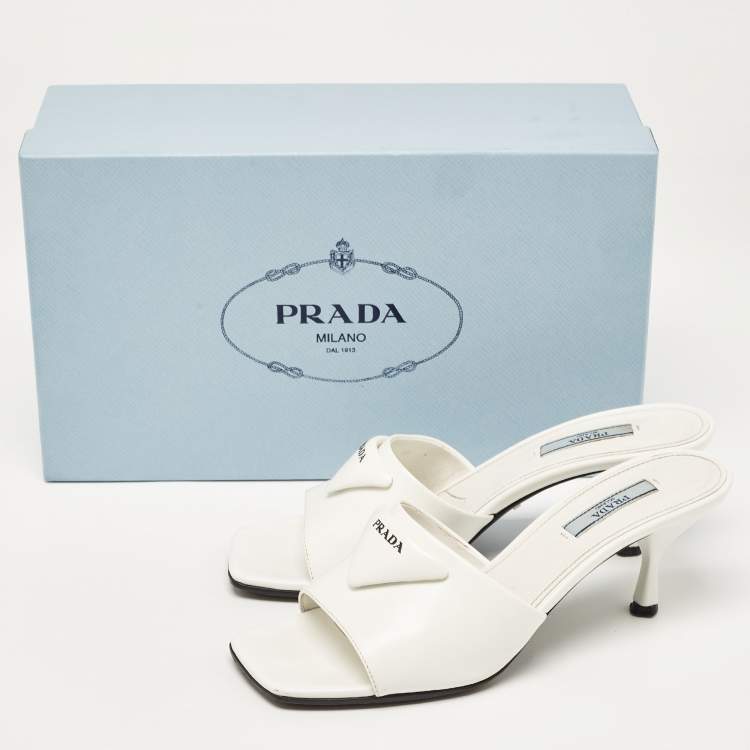 Pre Owned Prada White Leather Logo Slide Sandals Size 37.5