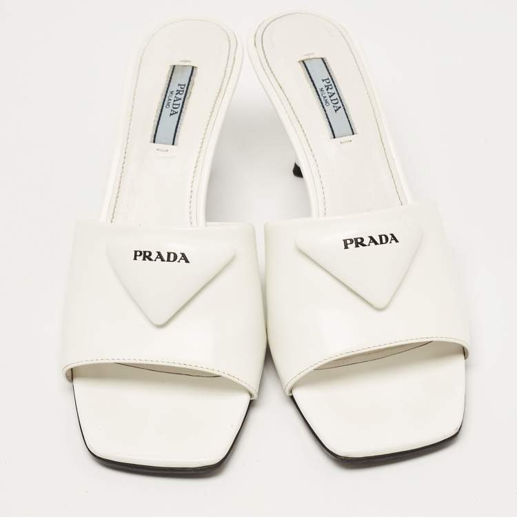 Pre Owned Prada White Leather Logo Slide Sandals Size 37.5