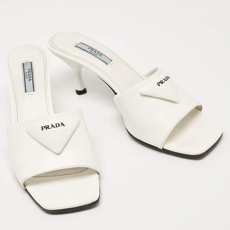 Pre Owned Prada White Leather Logo Slide Sandals Size 37.5