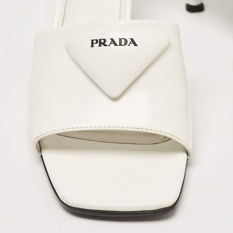 Pre Owned Prada White Leather Logo Slide Sandals Size 37.5