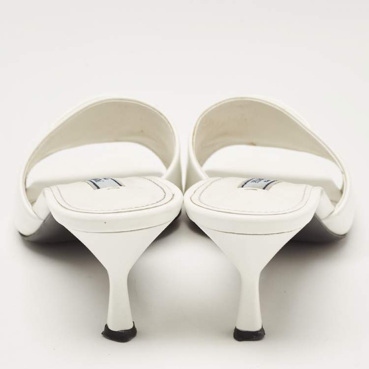 Pre Owned Prada White Leather Logo Slide Sandals Size 37.5
