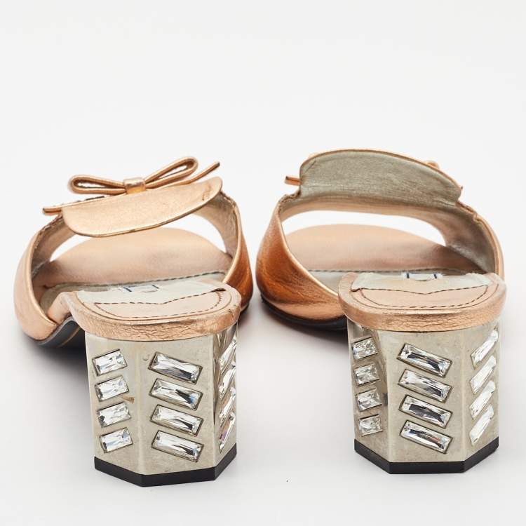 Pre Owned Prada Metallic Leather Block Heel Slides Size 39.5