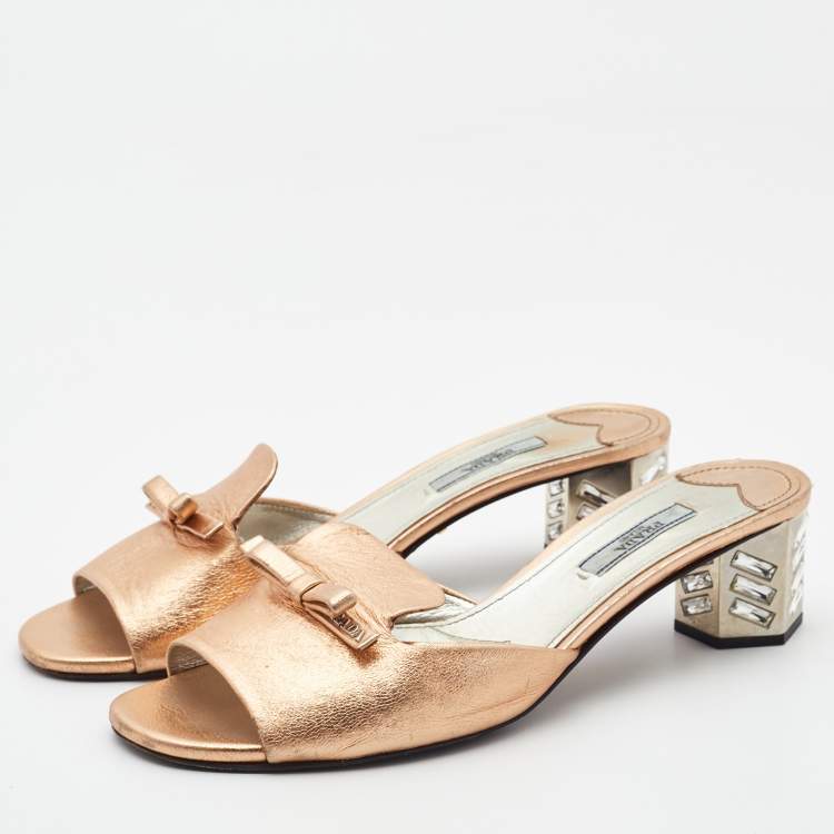 Pre Owned Prada Metallic Leather Block Heel Slides Size 39.5