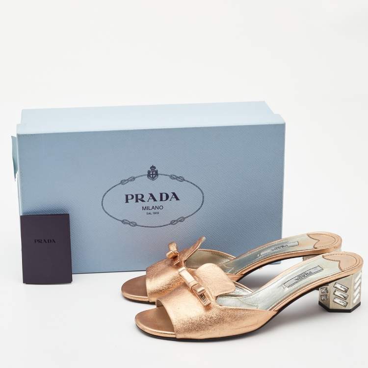 Pre Owned Prada Metallic Leather Block Heel Slides Size 39.5
