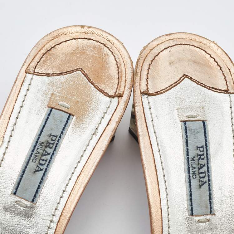 Pre Owned Prada Metallic Leather Block Heel Slides Size 39.5
