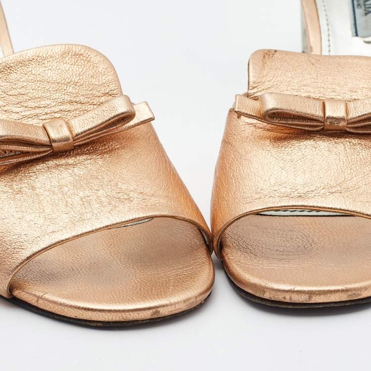 Pre Owned Prada Metallic Leather Block Heel Slides Size 39.5