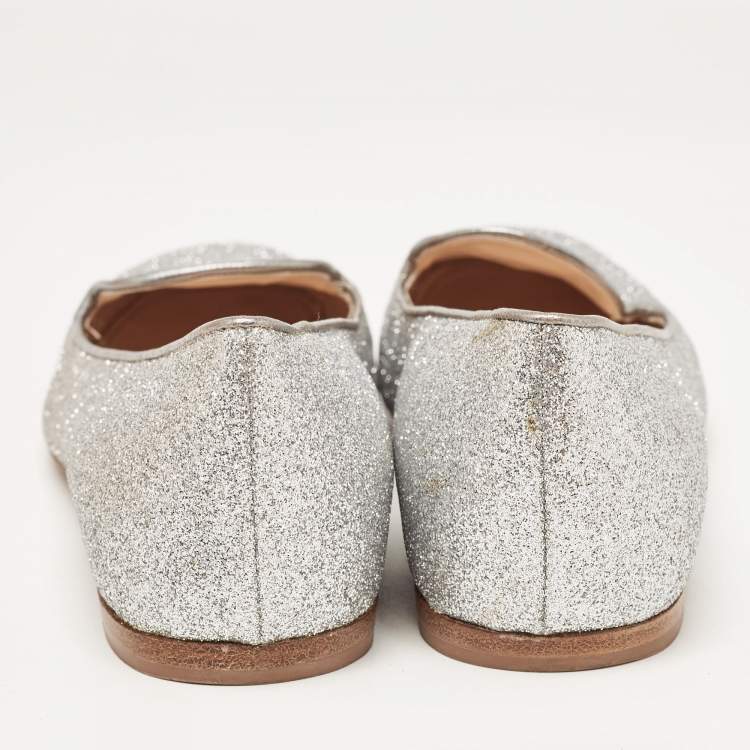 Pre Owned Prada Silver Glitter Smoking Slippers Size 36.5