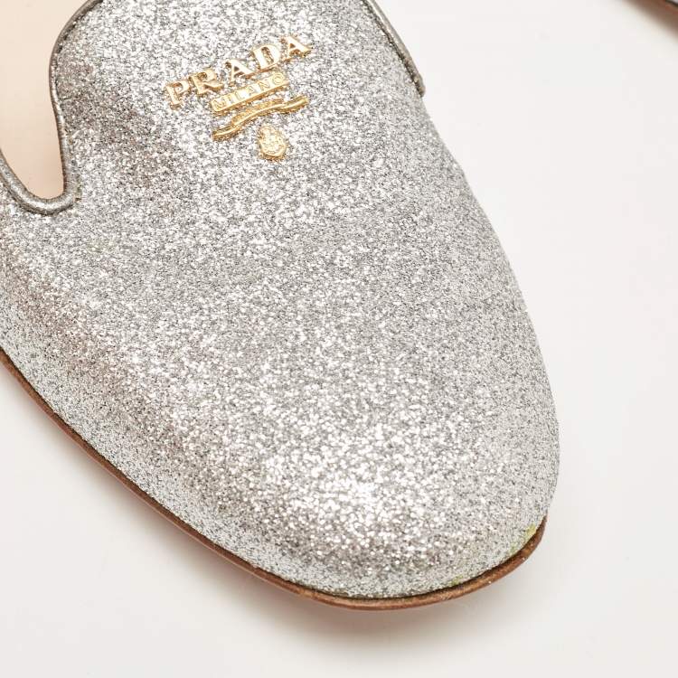 Pre Owned Prada Silver Glitter Smoking Slippers Size 36.5