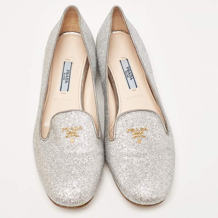 Pre Owned Prada Silver Glitter Smoking Slippers Size 36.5
