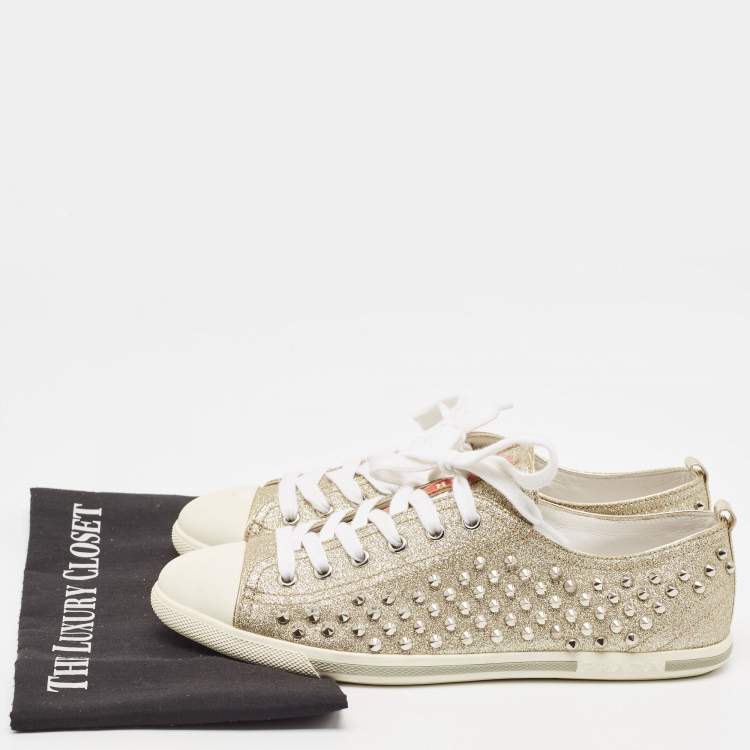 Pre Owned Prada Metallic Gold Glitter Stud Low Top Sneakers Size 40