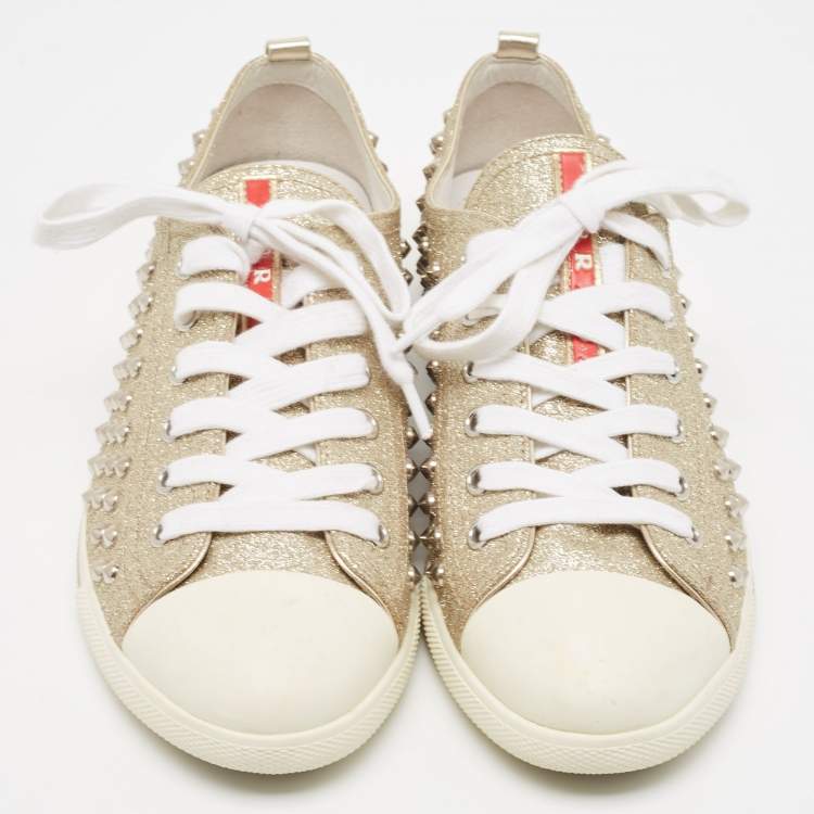 Pre Owned Prada Metallic Gold Glitter Stud Low Top Sneakers Size 40
