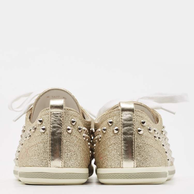 Pre Owned Prada Metallic Gold Glitter Stud Low Top Sneakers Size 40