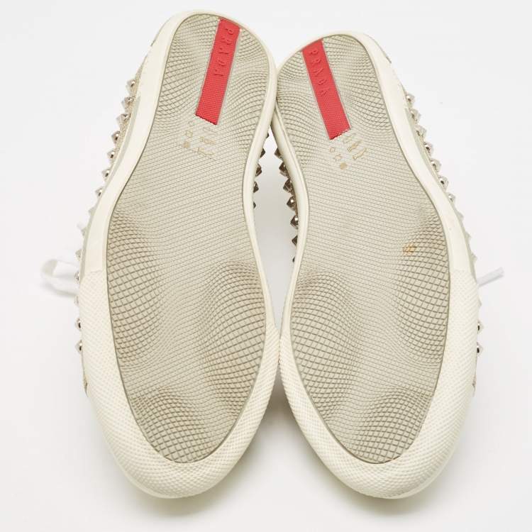 Pre Owned Prada Metallic Gold Glitter Stud Low Top Sneakers Size 40