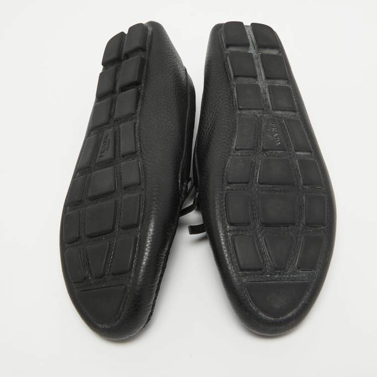 Pre Owned Prada Black Leather Logo Embellished Bow Slip On Loafers Size 38.5