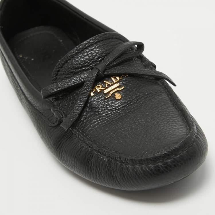 Pre Owned Prada Black Leather Logo Embellished Bow Slip On Loafers Size 38.5