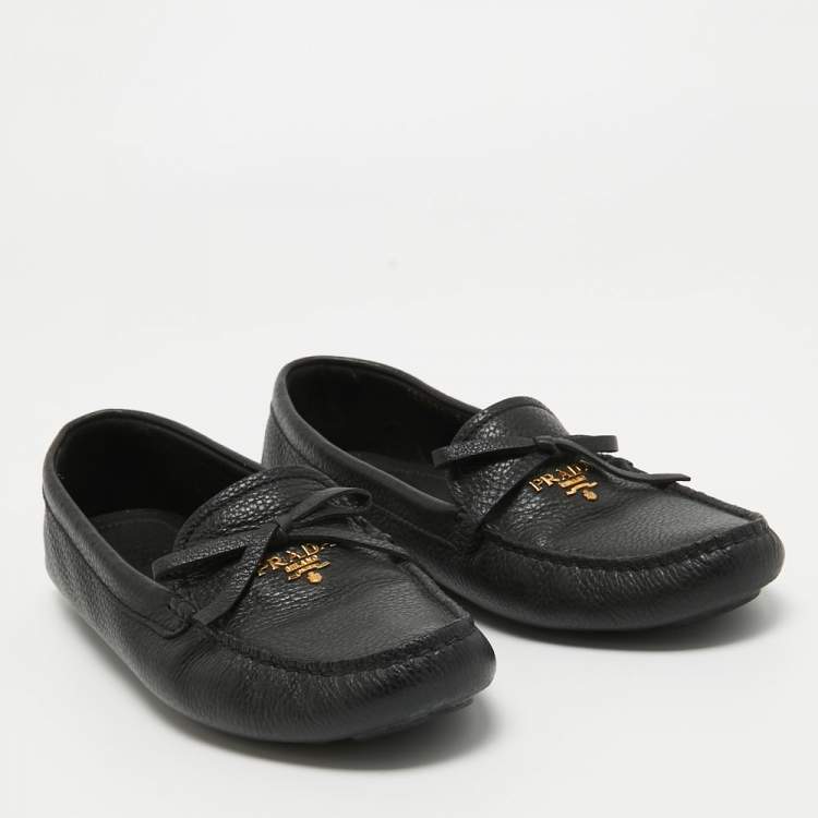 Pre Owned Prada Black Leather Logo Embellished Bow Slip On Loafers Size 38.5